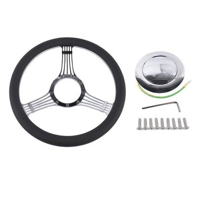 DURAFORCE 14" 9 Holes Banjo Style Steering Wheel Kit Black Leather Half Warp Chrome for GM
