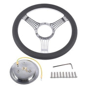 DURAFORCE 14" 9 Holes Banjo Style Steering Wheel Kit Black Leather Half Warp Chrome for GM