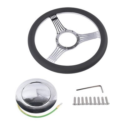 DURAFORCE 14" 9 Holes Banjo Style Steering Wheel Kit Black Leather Half Warp Chrome for GM