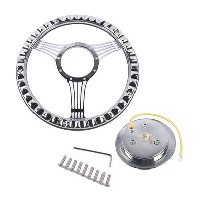 DURAFORCE 14" 9 Holes Banjo Style Steering Wheel Kit Black Leather Half Warp Chrome for GM