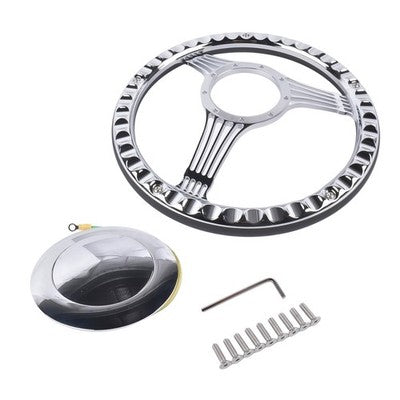 DURAFORCE 14" 9 Holes Banjo Style Steering Wheel Kit Black Leather Half Warp Chrome for GM