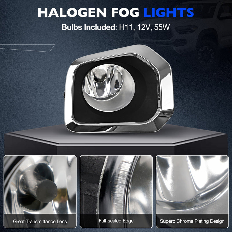 Front Bumper Fog Light Kit With Chrome Trim Bezel For Toyota Tacoma 2016-2023
