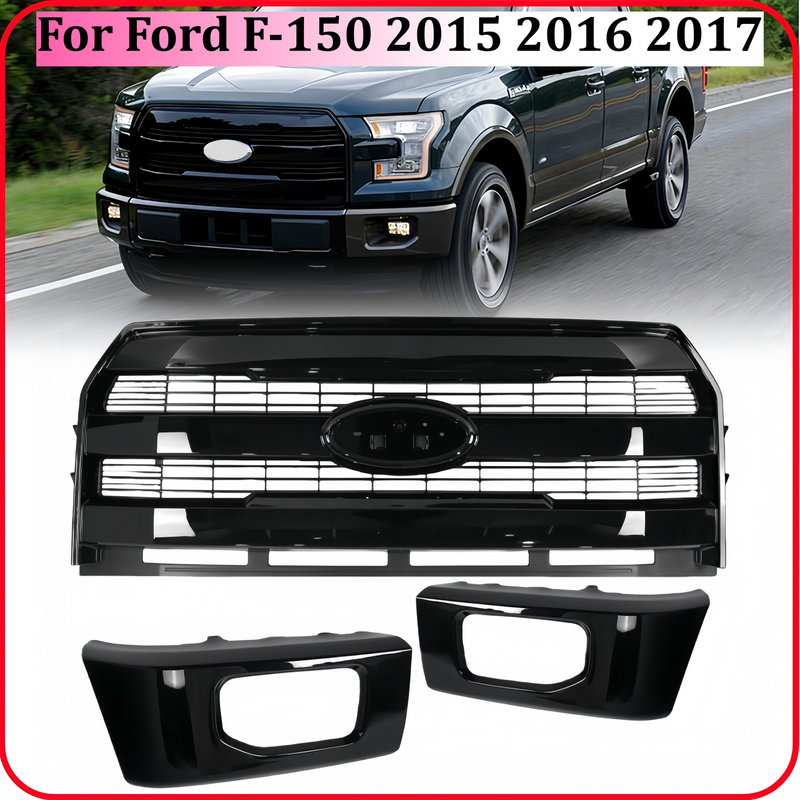 DURAFORCE For Ford F-150 2015-2017 Front Upper Grille+Bumper Face Bar End Side Gloss Black