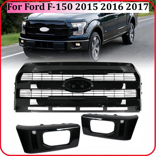 DURAFORCE For Ford F-150 2015-2017 Front Upper Grille+Bumper Face Bar End Side Gloss Black