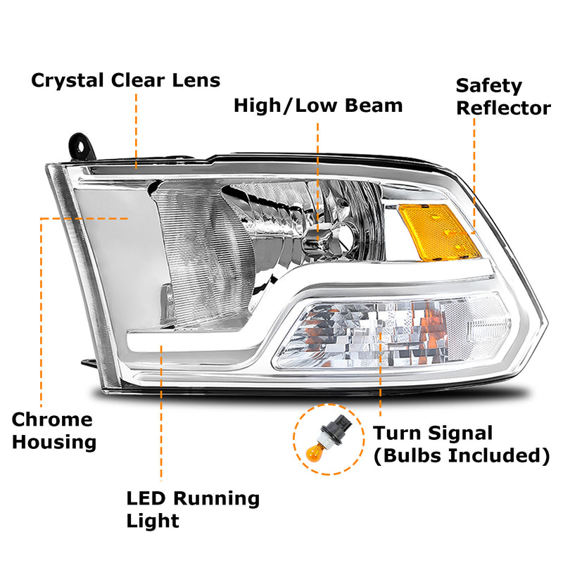 09 18 Dodge Ram 1500 2500 3500 Sequential Turn Signal Headlights with LED DRL