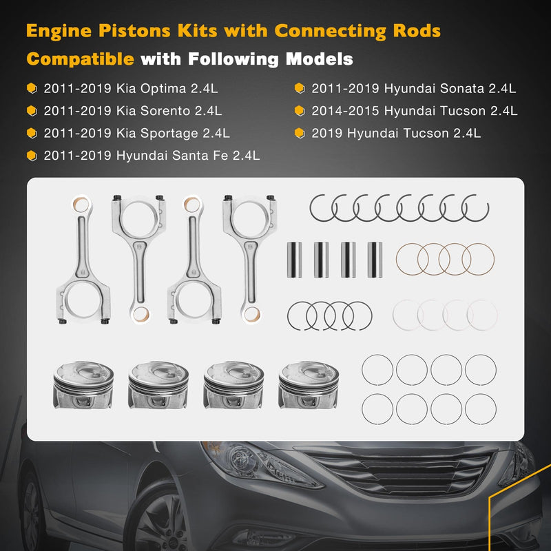 2.4 Engine Piston Kit w/ Connecting Rod Set for Hyundai Sonata Kia Optim Sorento