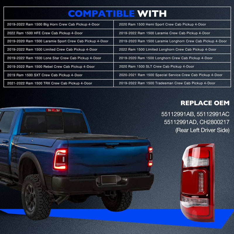55112991AD LED Brake Tail Light Assembly Rear Left Driver for Ram 1500 2019to2024