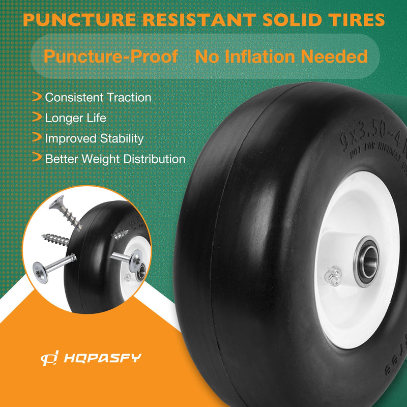 9x3.50-4 Front Flat Free Tire Wheel Set w/ Bearings for Zero Turn Mower 2x