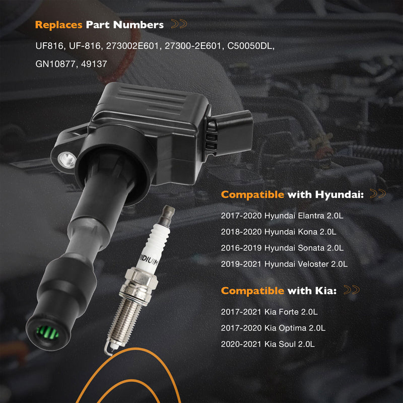 UF816 Ignition Coil and Spark Plugs for Hyundai Elantra Sonata Kia Soul 4 Pcs