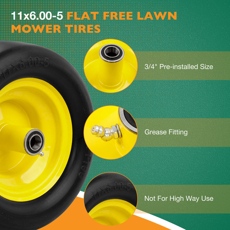 11x6.00-5 Front Flat Free Tire Wheel Set w/ Bearings for Zero Turn Mower 2x