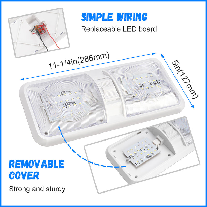 2PCS 12V LED White Ceiling Fixture Double Dome Light for Camper Trailer RV