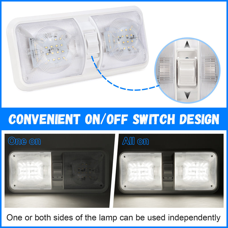 2PCS 12V LED White Ceiling Fixture Double Dome Light for Camper Trailer RV
