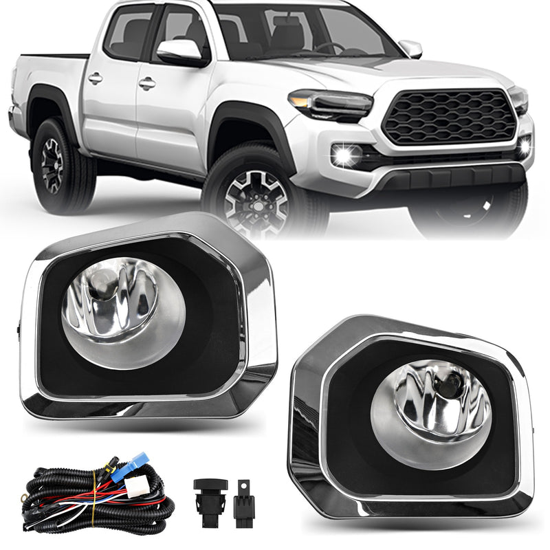 Front Bumper Fog Light Kit With Chrome Trim Bezel For Toyota Tacoma 2016-2023