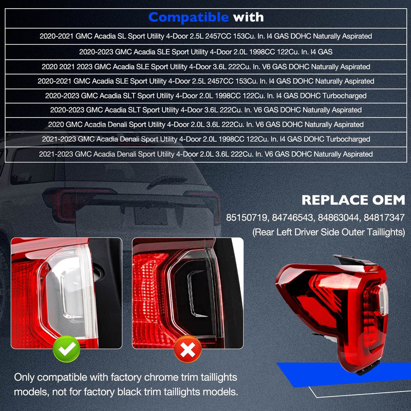 85150719 Brake LED Taillight Assembly for GMC Acadia 2020 2023 SL SLE Driver