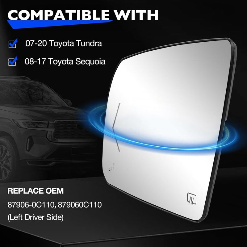 Left Driver Heated Mirror Glass with BSM for Toyota Tundra Sequoia 2002 2020