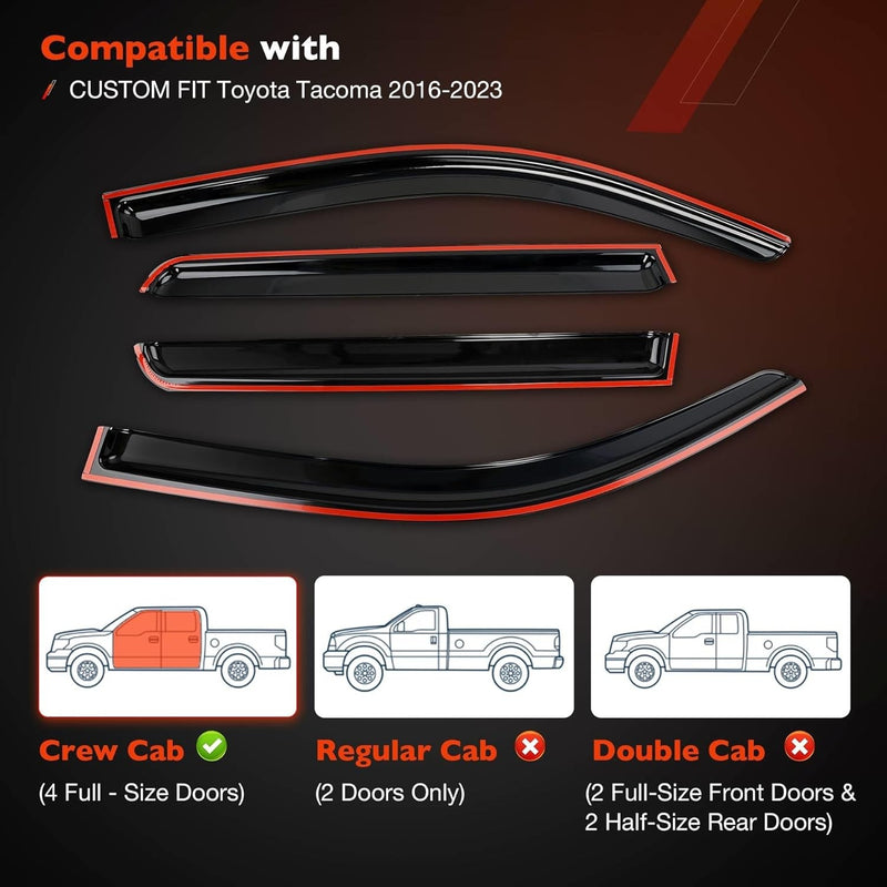 Side Window Visor Rain Guards Deflectors for Toyota Tacoma 2016 2023 Black 4 Pcs