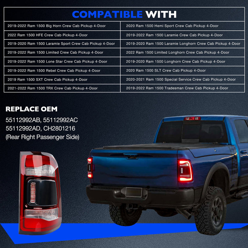 Rear Right LED Tail Lamp Light Assy for Dodge RAM 1500 2019-2022 Passenger Side
