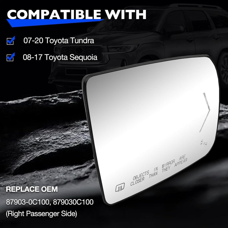 Passenger Side Heated Mirror Glass with BSM Signal for Toyota Tundra 2007 2020