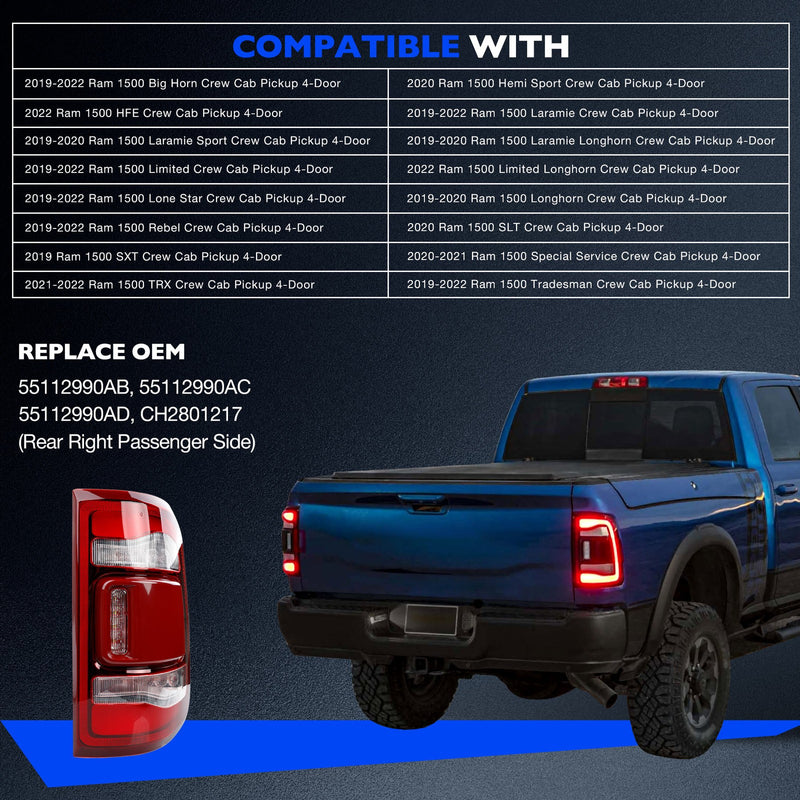 LED Brake Tail Light Lamp Rear Right Passenger Side for Dodge Ram 1500 2019 2024