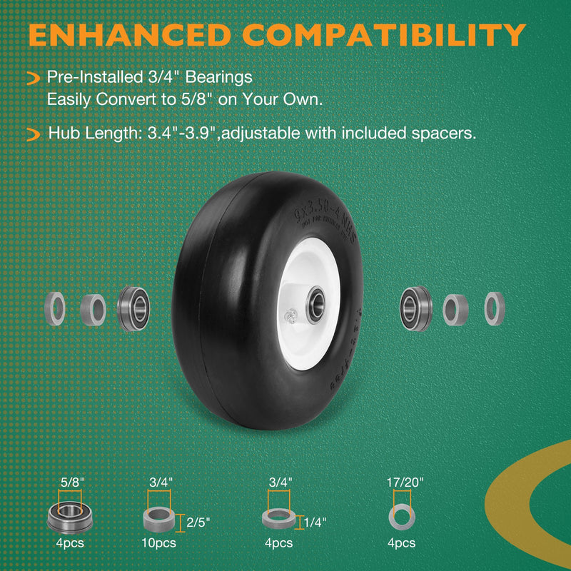 9x3.50-4 Front Flat Free Tire Wheel Set w/ Bearings for Zero Turn Mower 2x