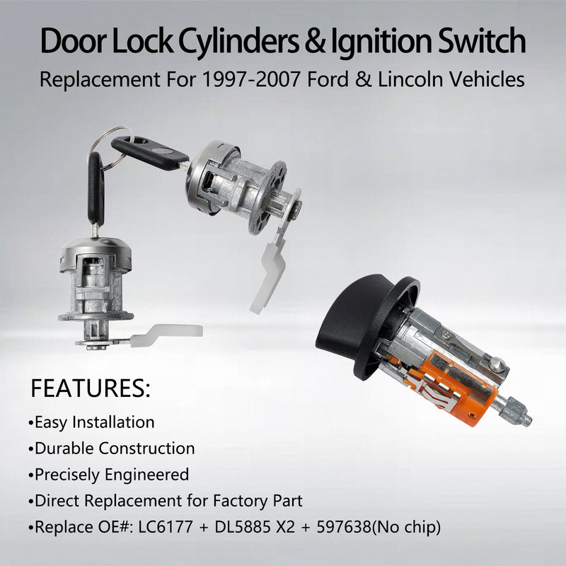 Ignition Switch Door Lock Cylinder with Keys for Ford 97 07 F150 250 Super Duty