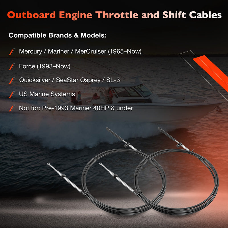 Outboard Throttle Control Shift Cables Gen I For Mercury Mariner 12FT 2 Pcs