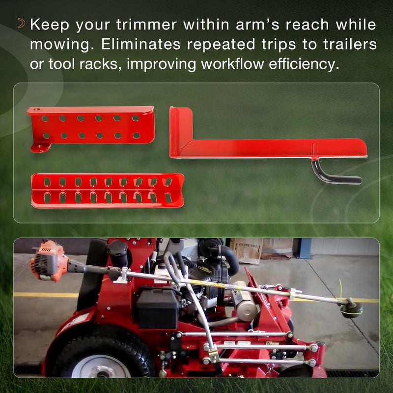 Lockable Trimmer Rack for Most Walk Behind Stand On and ZTR Lawn Mower Red