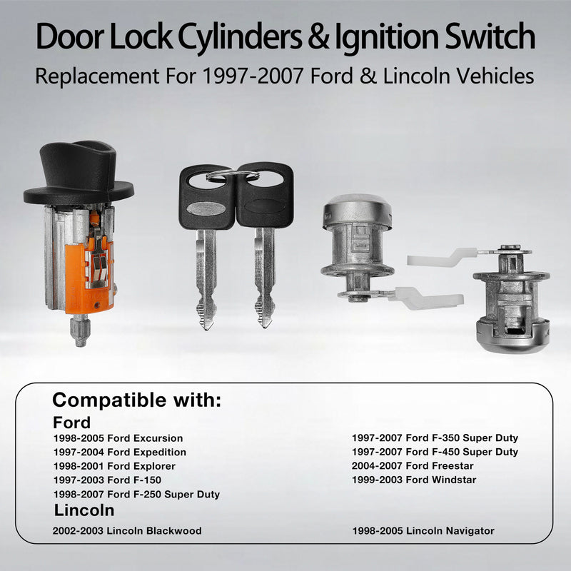 Ignition Switch Door Lock Cylinder with Keys for Ford 97 07 F150 250 Super Duty