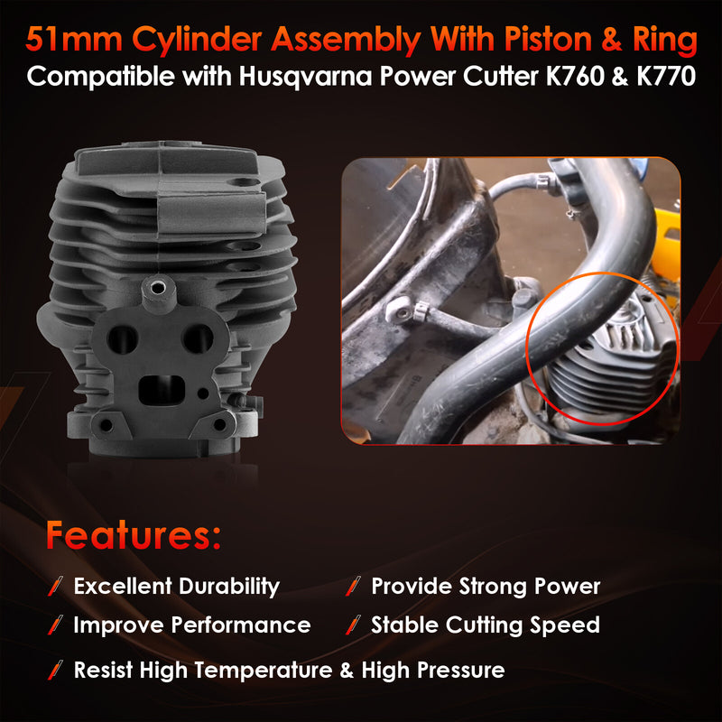 51mm Cylinder Piston Ring Kit For Husqvarna Power Cutter Saw K770 K760 Active II