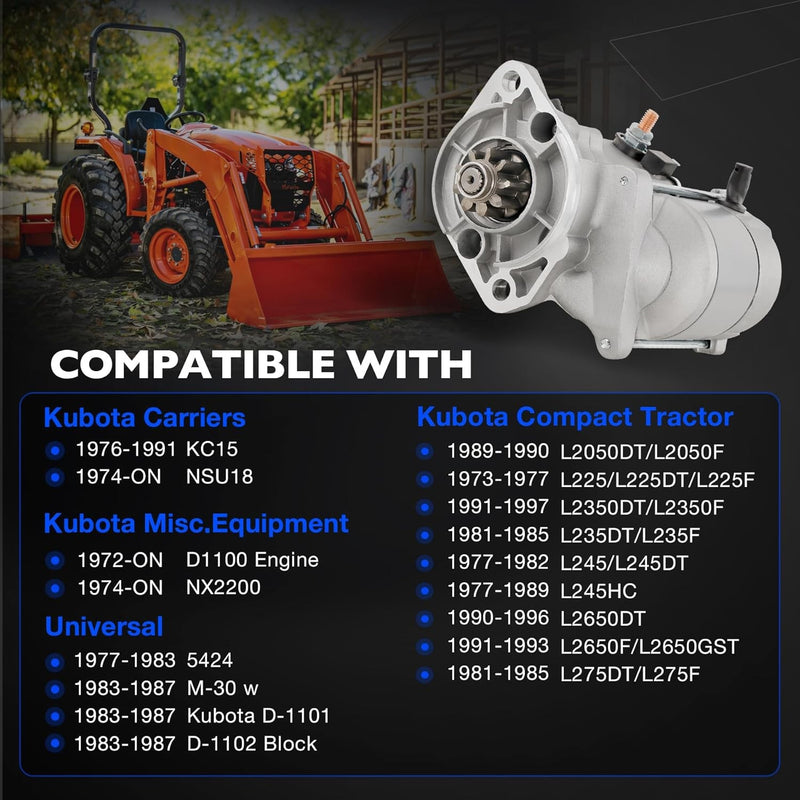 410-52302 Starter Motor 12V 1KW for Kubota L2050 L225 L2350 L235 Compact Tractor