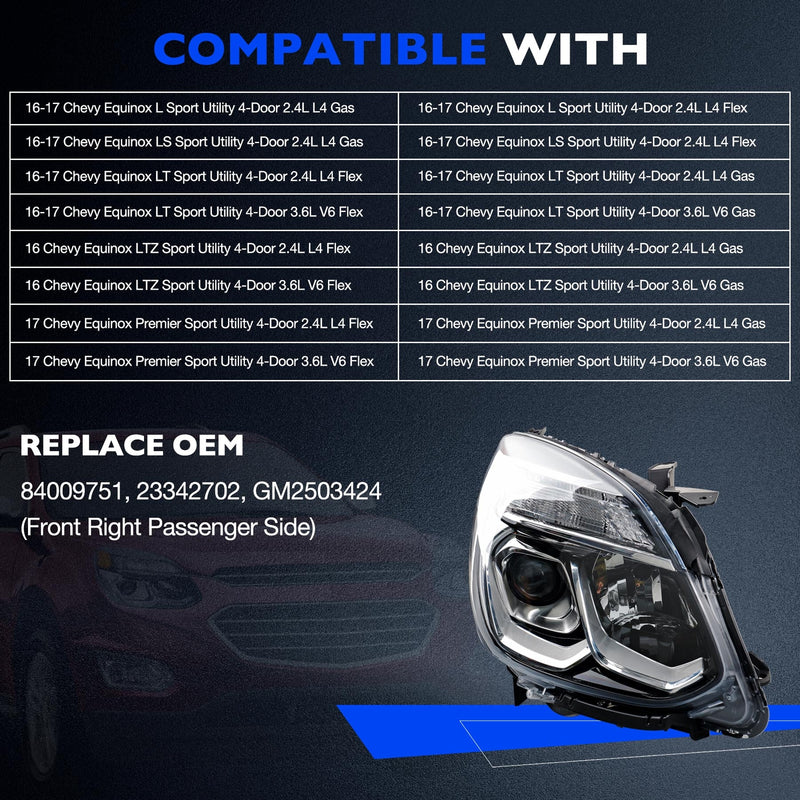 Halogen Chrome Headlight Assy Front Right Passenger Side for Chevy Equinox 16 17