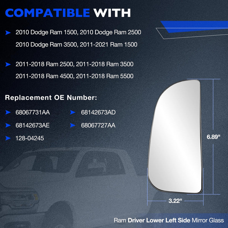 Upper Lower Tow Mirror Spotter Glass Driver Side For RAM 1500 2500 3500 10 20