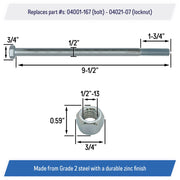DURAFORCE 04001-167 Wheel Axle Bolt Set 1/2-13 x 9-1/2 for SCAG Turf Tiger Cubs