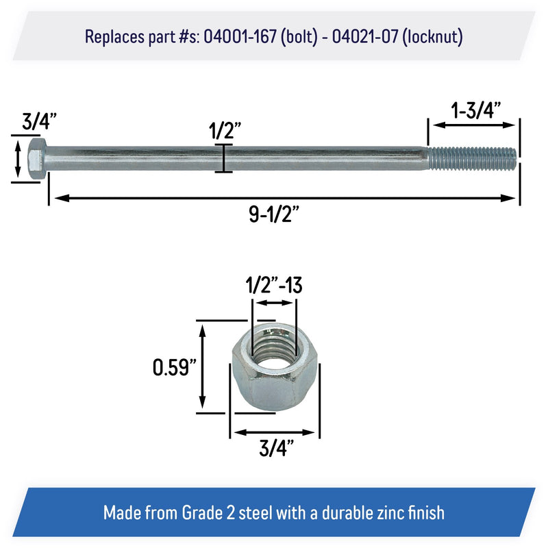 DURAFORCE 04001-167 Wheel Axle Bolt Set 1/2-13 x 9-1/2 for SCAG Turf Tiger Cubs