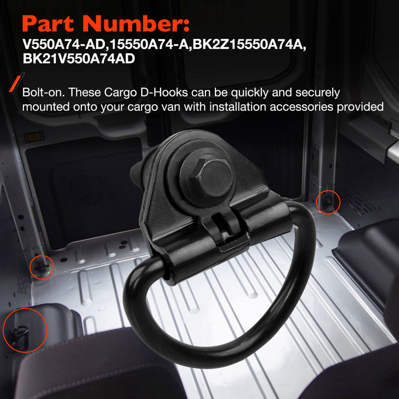 Black Steel Rear Cargo D Hooks for Ford Transit 150 250 350 350HD 15-24 6 Pack