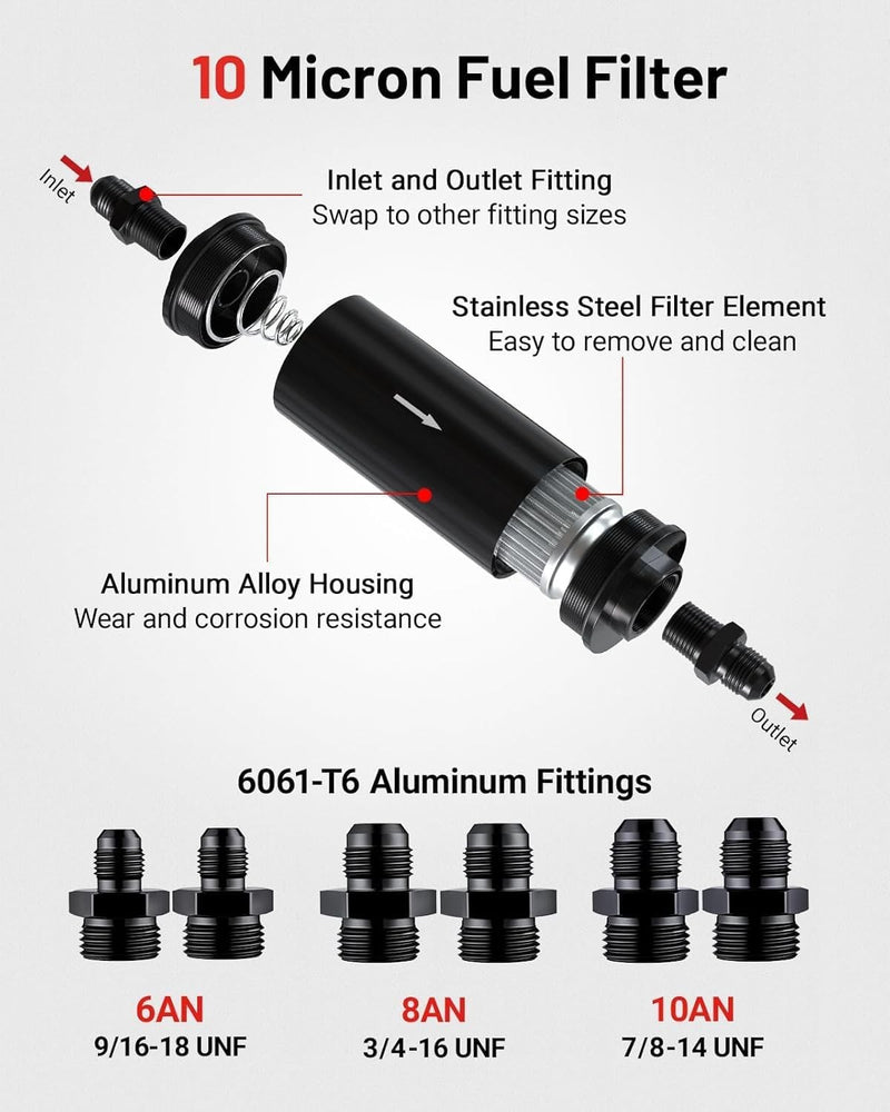 10 Micron Inline Fuel Filter with 6AN 8AN 10AN Adapters and Bracket Clamp