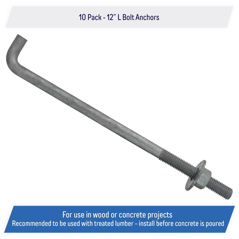 DURAFORCE 5 8 Inch 12 Inch Galvanized Threaded Anchor Bolts for Wood Concrete 10 Pack