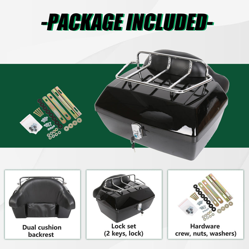 DURAFORCE Universal Motorcycle Tail Box Luggage Trunk w/ Top Rack For Harley Honda Cruiser