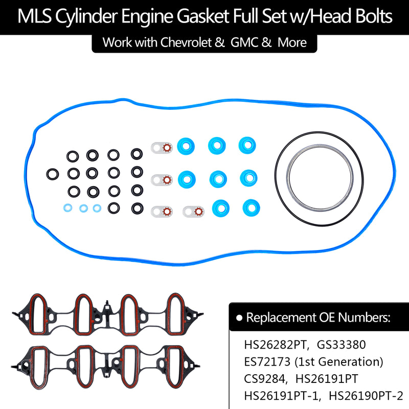 Head Full Gasket Set Cylinder Bolts for Chevy Silverado GMC Sierra 5.3L 4.8L