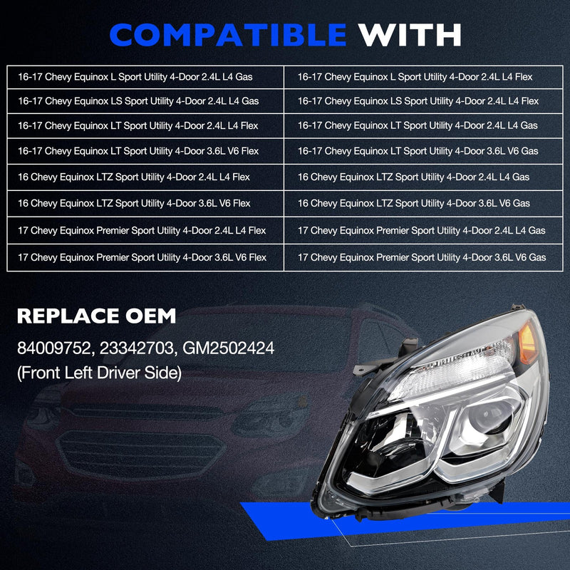 Halogen Chrome Headlight Assembly Front Left Driver Side for Chevy Equinox 16 17
