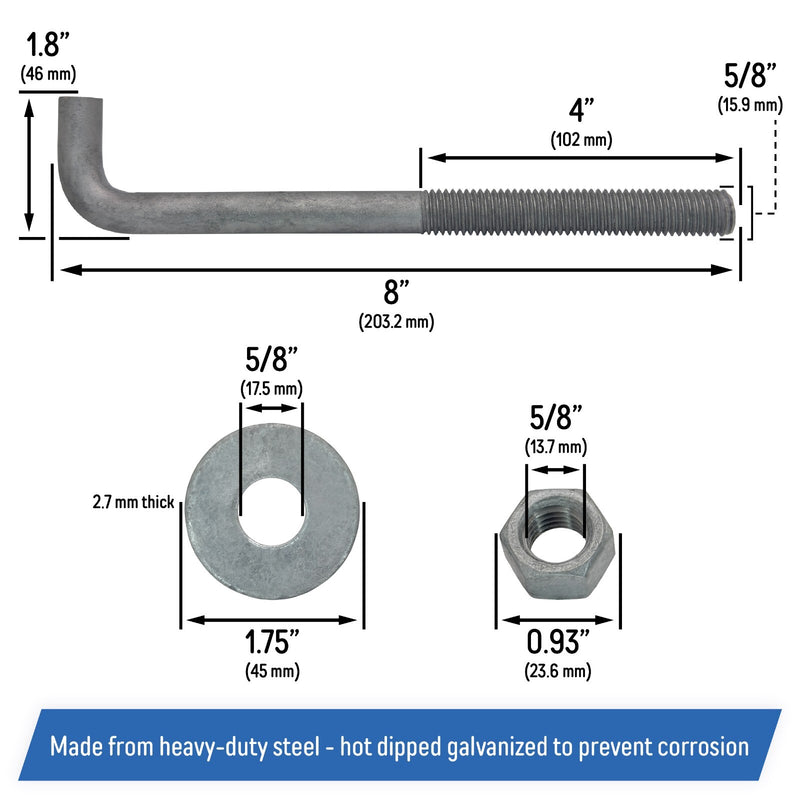 5 8 x 8 Inch Galvanized Threaded Anchor Bolts for Wood Concrete 10 Pack
