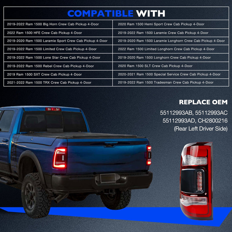 LED Brake Tail Light Lamp Rear Left Driver Side For Dodge Ram 1500 2019 2024