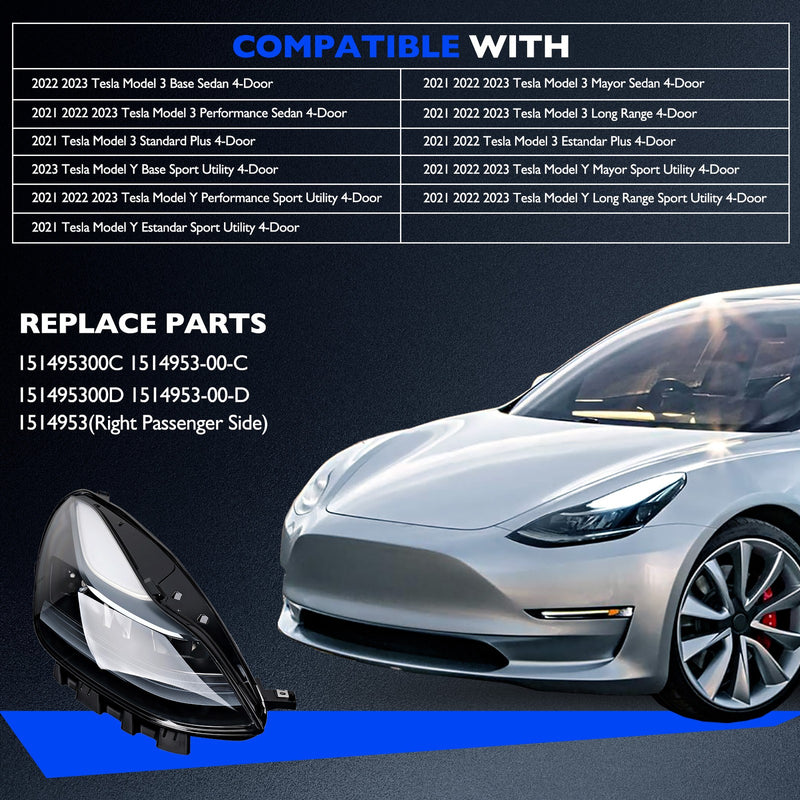 151495300 Headlight Assembly Right Passenger Side for Tesla Model 3 Y 21 to 23
