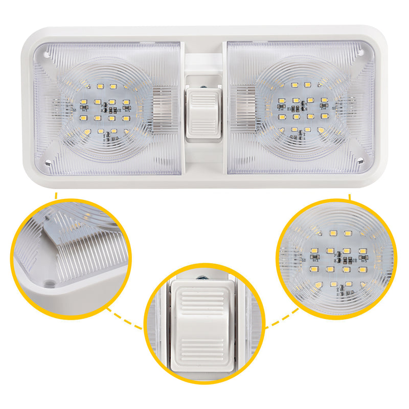 2PCS 12V LED White Ceiling Fixture Double Dome Light for Camper Trailer RV