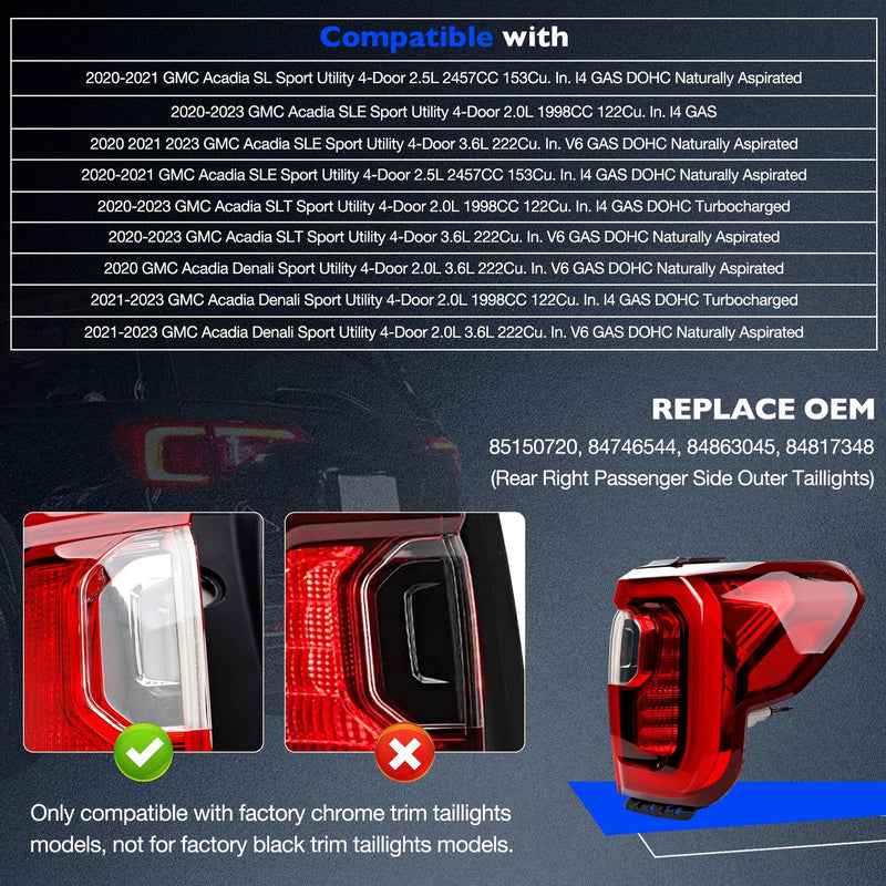 LED Tail Light Brake Passenger Side for GMC Acadia 2020 2023 SL SLE SLT Denali
