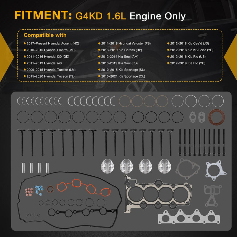 G4FD 1.6L Engine Rebuild Overhaul Kit Pistons Rings for Hyundai Kia Soul