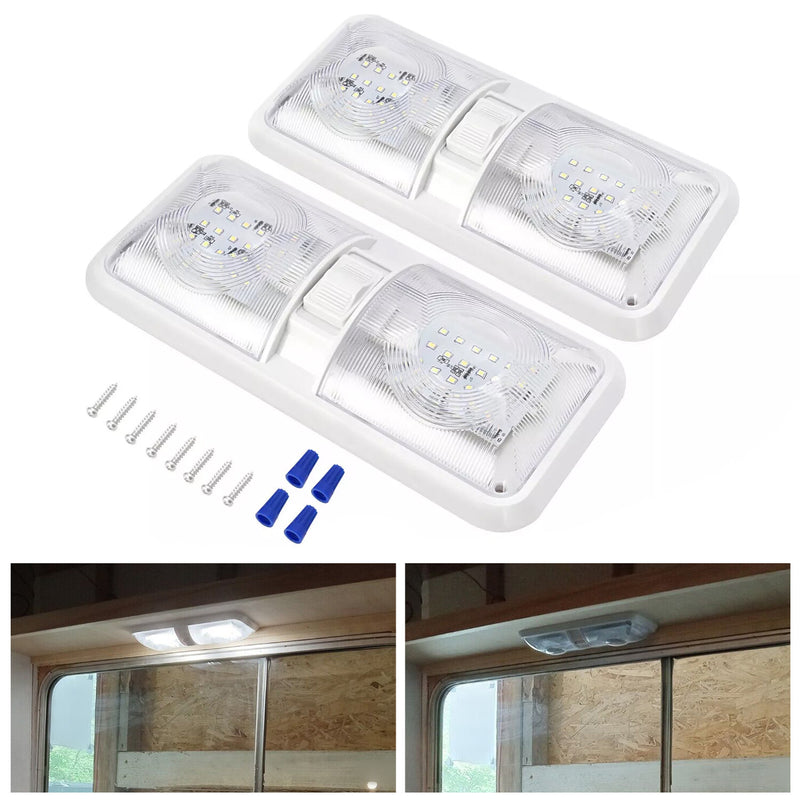 2PCS 12V LED White Ceiling Fixture Double Dome Light for Camper Trailer RV