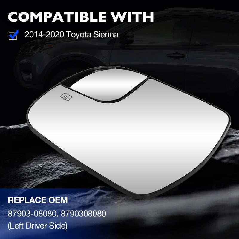 Left Driver Side Convex Mirror Glass with Power Heated for 14-20 Toyota Sienna