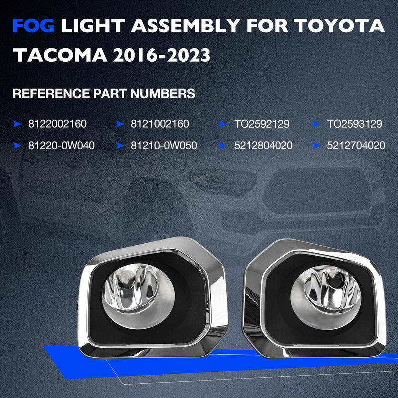 Front Bumper Fog Light Kit With Chrome Trim Bezel For Toyota Tacoma 2016-2023