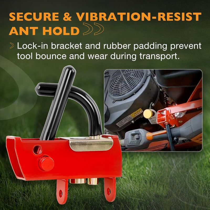 Lockable Trimmer Rack for Most Walk Behind Stand On and ZTR Lawn Mower Red